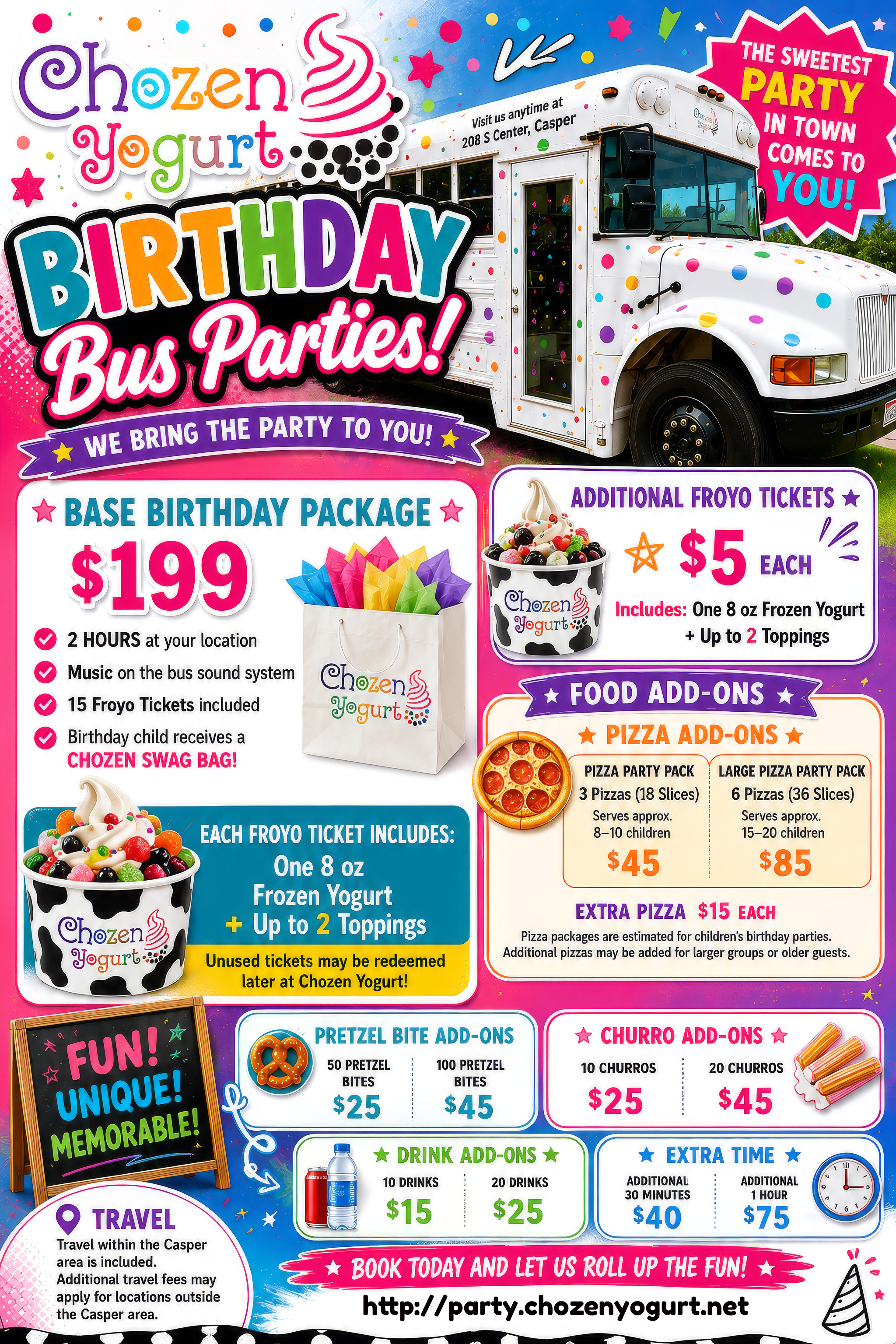 Chozen Yogurt birthday bus parties flyer